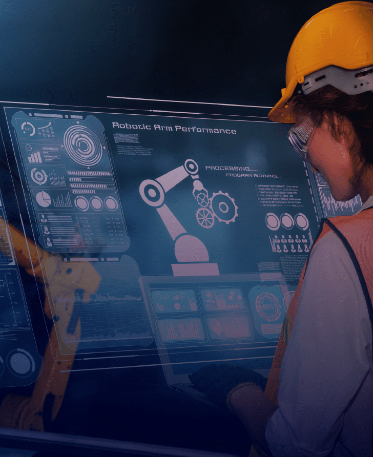 Manufacturing worker monitoring Intelligent Process Automation robotic arm performance metrics and operational efficiency dashboard