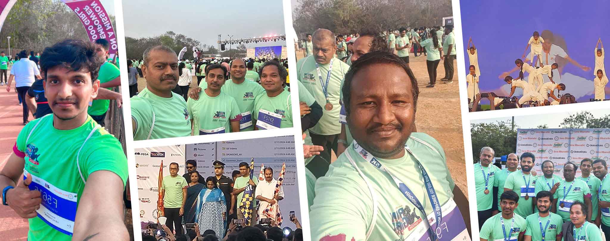 Vertex team members participating in Run for a Girl Child marathon including group photos, award ceremonies, and celebration moments