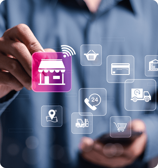 Man interacting with virtual retail execution icons, including a store, shopping cart, payment, delivery truck, and location pin, on a digital interface.
