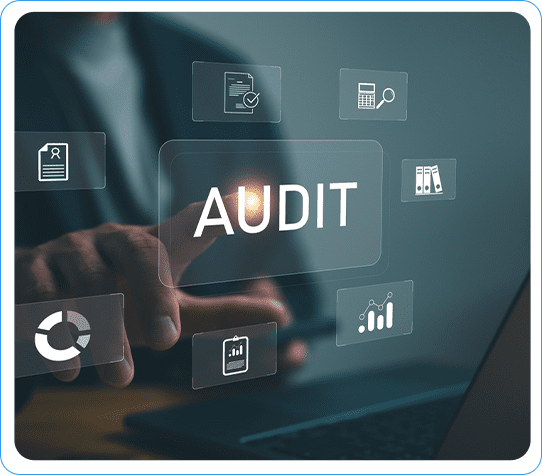 Hand selecting "AUDIT" on a digital interface with icons for automating shelf auditing processes.
