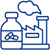 Blue icon of a factory with medicines