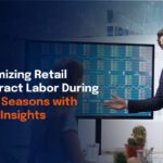 Business professionals discuss data on a large screen, optimizing retail contract labor for peak seasons.