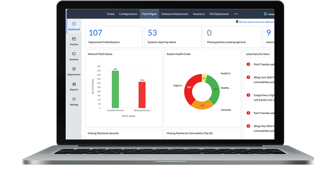 ManageEngine Endpoint Central patch management dashboard showing deployment failures, system health, and missing patch metrics