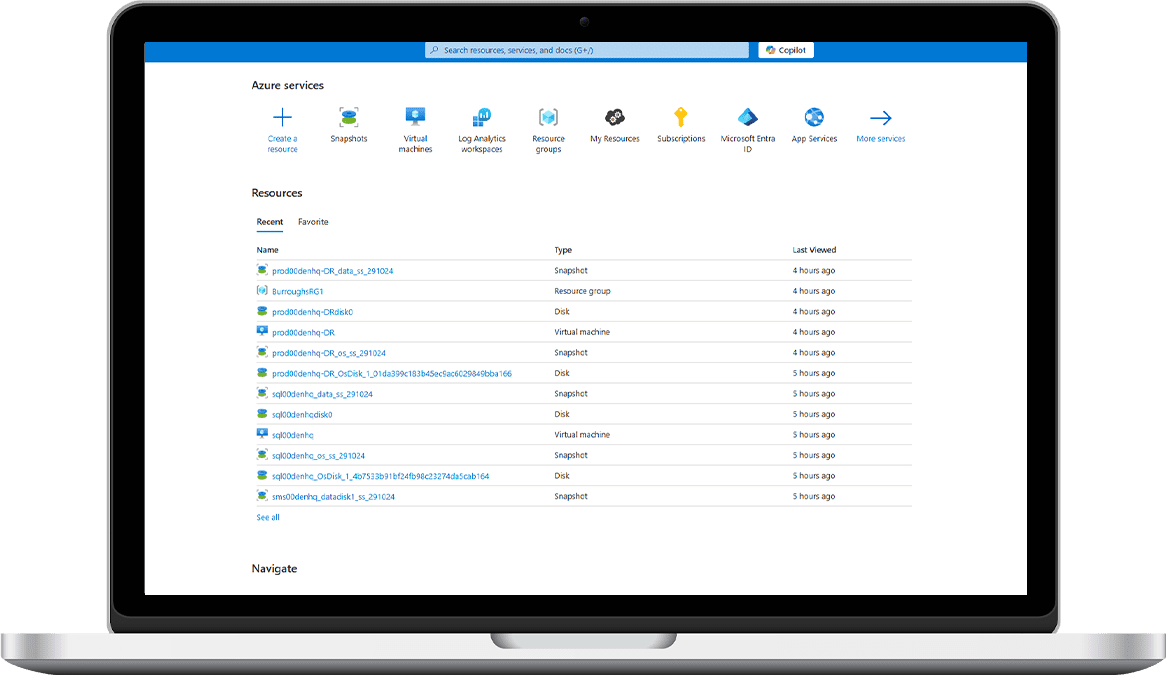 Azure portal displaying cloud infrastructure resources including virtual machines, snapshots, and disk management for IT operations