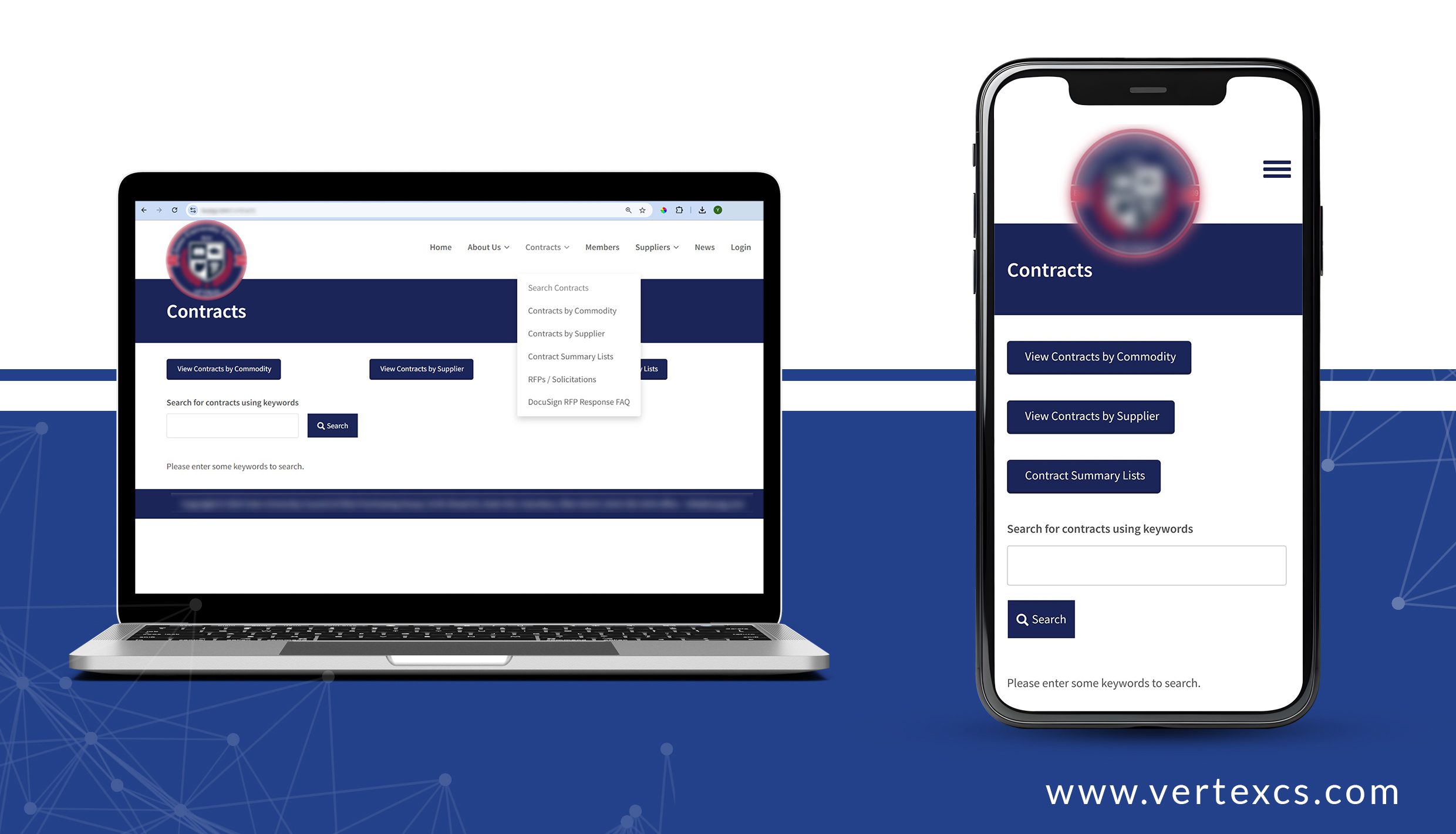Modern responsive website redesign showing university purchasing consortium contracts portal with commodity and supplier navigation