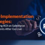 Post-implementation Salesforce ROI hero: hand with magnifying glass over ROI amid business analytics icons