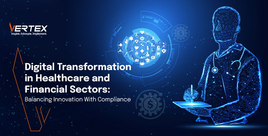 bstract image of doctor/financial professional with digital overlay, representing digital transformation in healthcare and finance, balancing innovation and compliance.