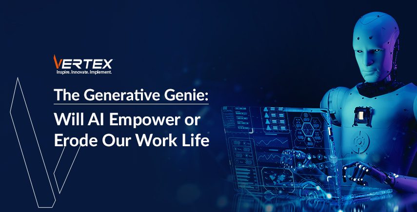 Image of a robot using a holographic laptop, questioning if AI will empower or erode work life, branded by Vertex.