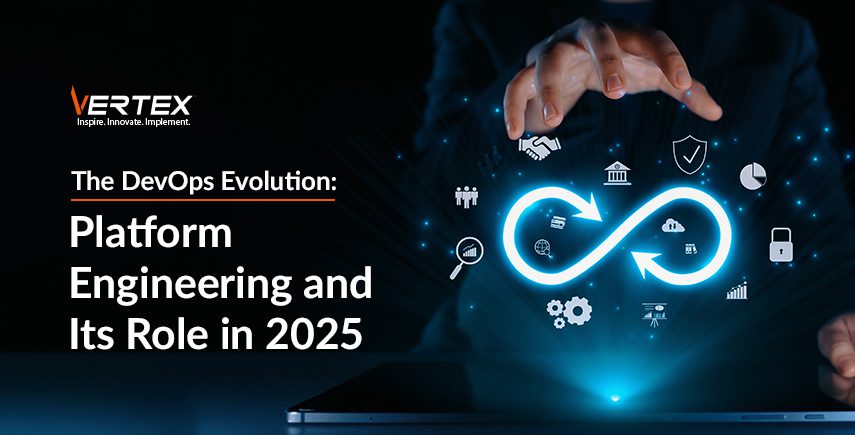 Image of hands over tablet with infinity symbol, icons for DevOps, platform engineering role in 2025.