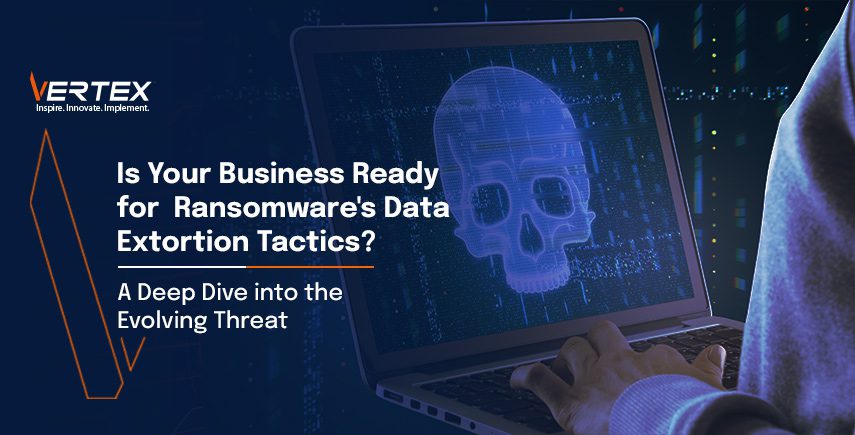 Person using laptop with digital skull graphic illustrating ransomware data extortion tactics and evolving cybersecurity threats