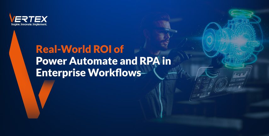 Professional using futuristic digital interface illustrating real-world ROI of Power Automate and RPA in enterprise workflows
