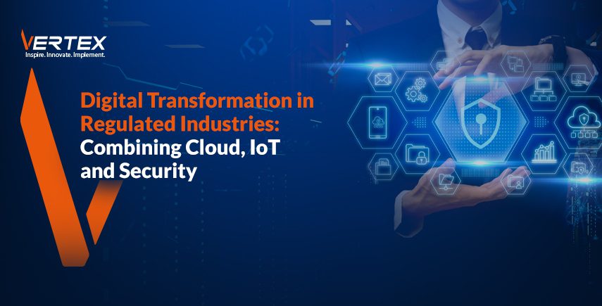 Business professional with digital security icons illustrating digital transformation in regulated industries using cloud, IoT and security