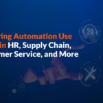 Business hand interacting with digital automation icons showing use cases in HR, supply chain, customer service and other business functions.