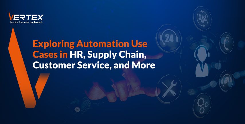 Business hand interacting with digital automation icons showing use cases in HR, supply chain, customer service and other business functions.