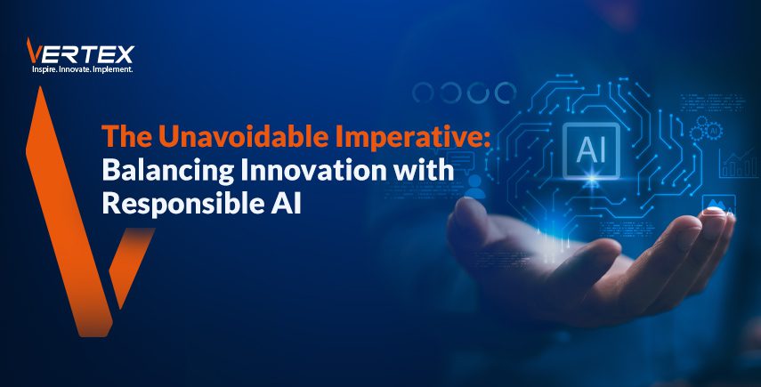 Business professional holding a digital AI circuit graphic, illustrating the need to balance innovation with responsible AI practices.