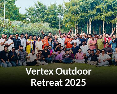 Vertex Outdoor Retreat 2025 team photo celebrating employee bonding and unity