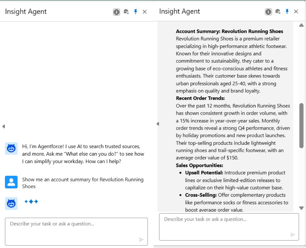 Salesforce Agentforce Insight Agent conversational interface showing account summary and sales opportunities for Revolution Running Shoes customer