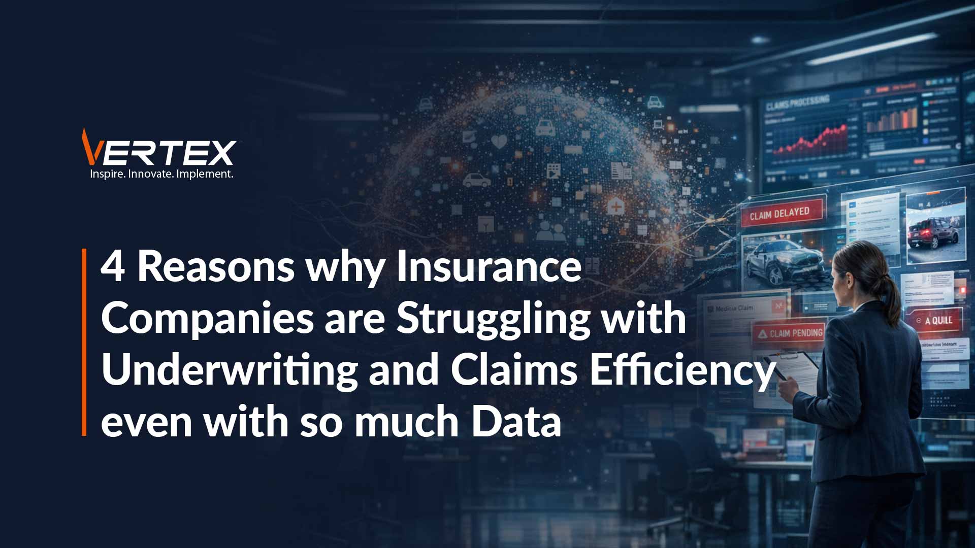 Insurance underwriting and claims analyst reviewing data dashboards with claim delayed and pending alerts