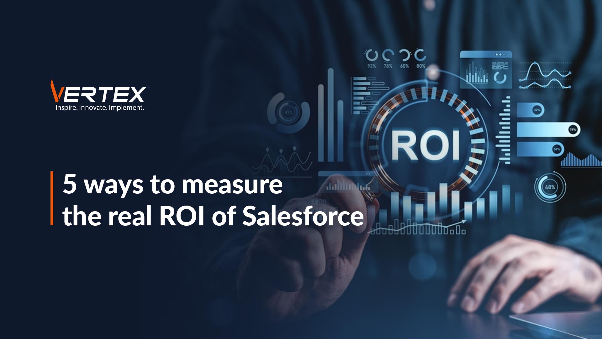 Salesforce ROI guide banner with an analytics dashboard and magnifier highlighting return on investment metrics