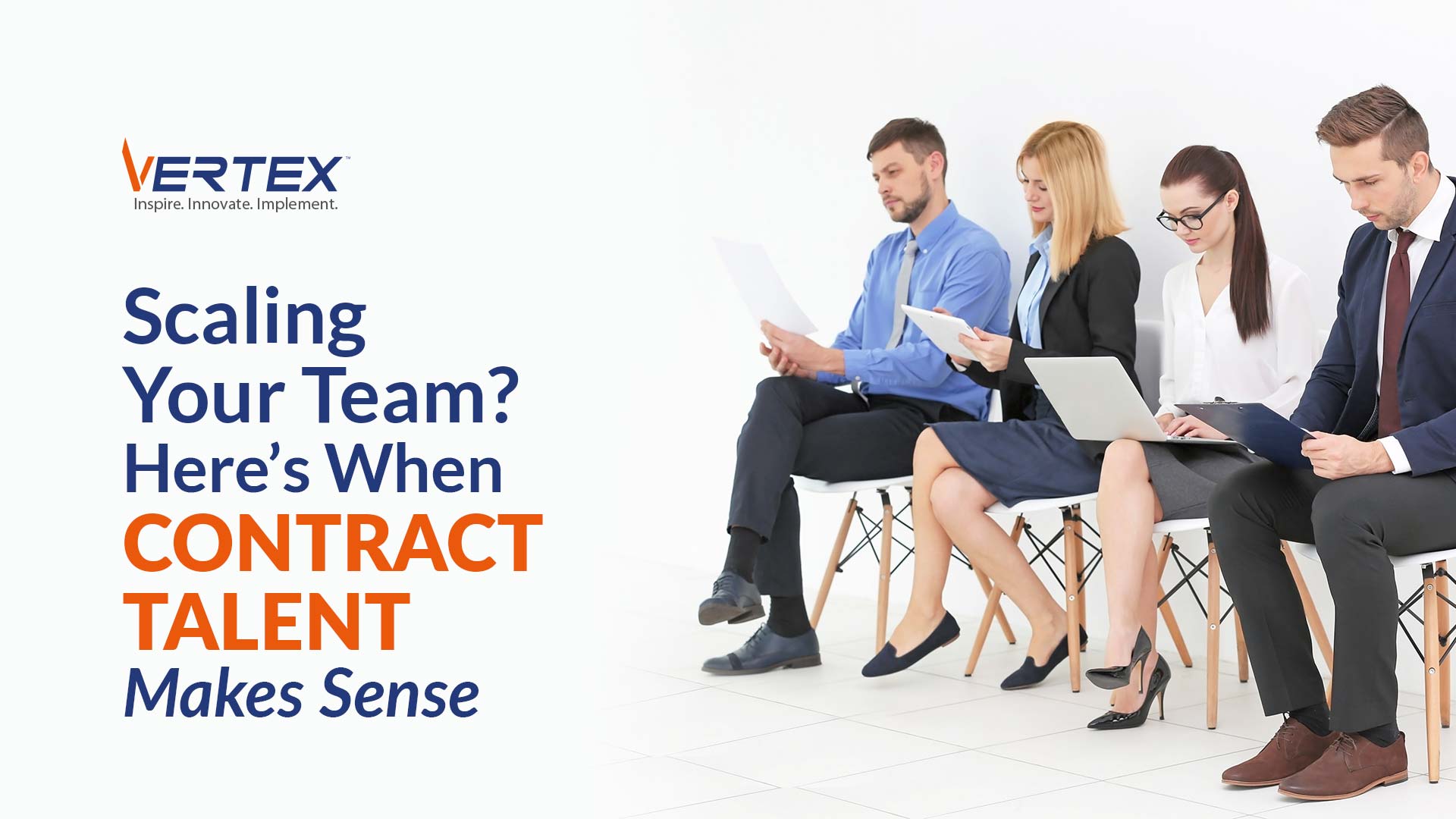 Contract talent for team scaling, shown by professional job candidates seated in a row awaiting interviews
