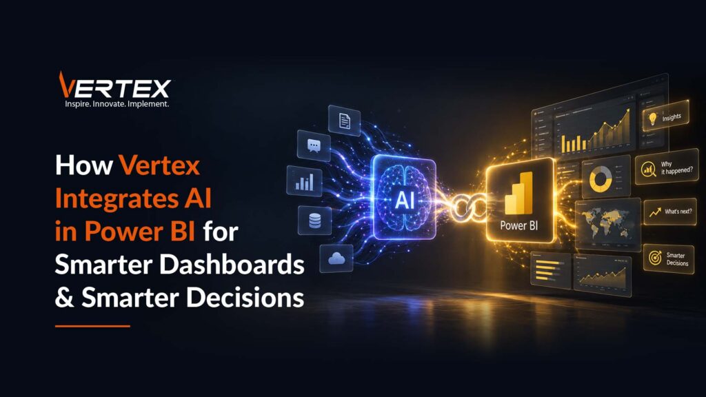 AI chip connected to a Power BI icon and dashboards for the blog on how Vertex integrates AI in Power BI